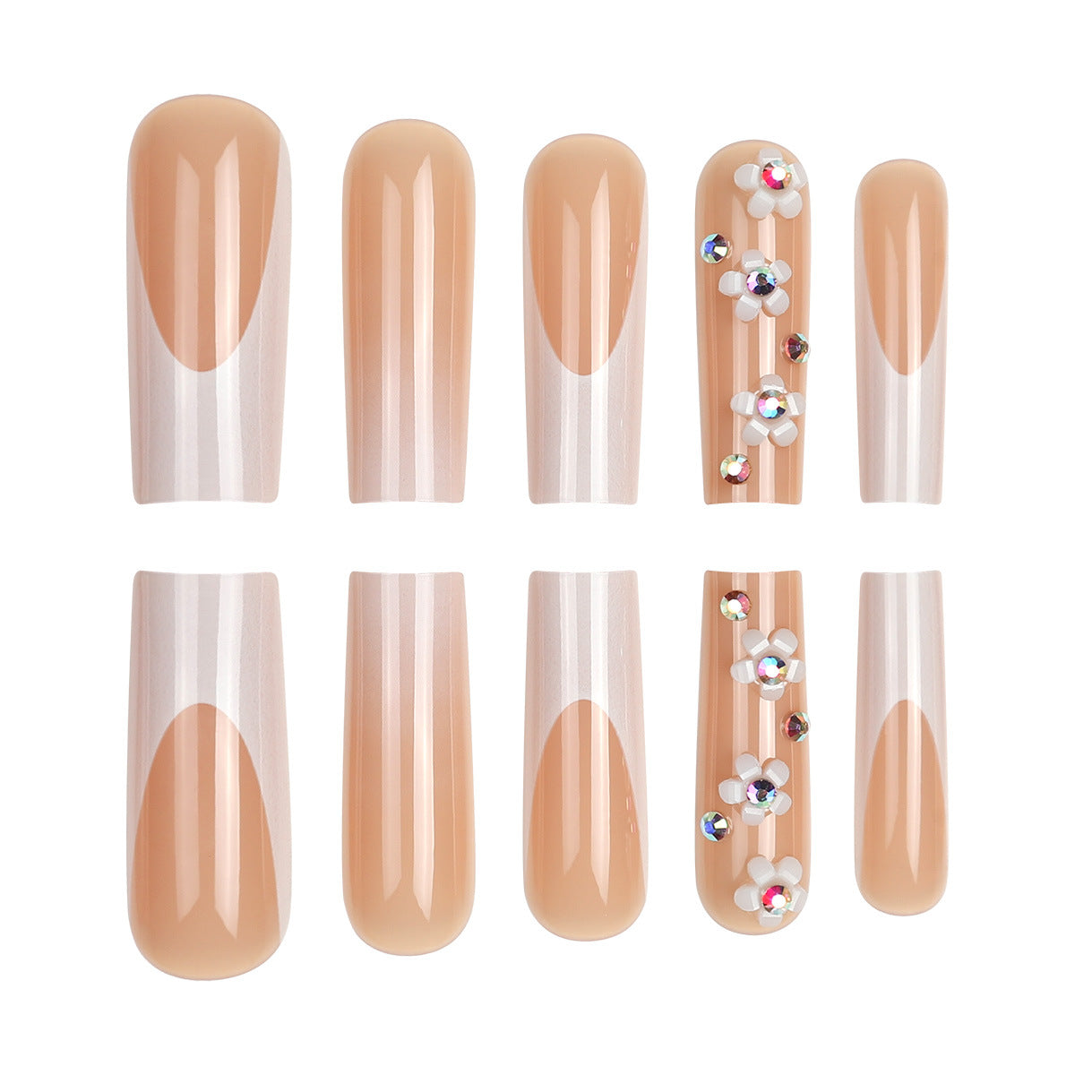 Enchanting Elegance Glossy Long Square Beige with Sparkling Floral Accents Press On Nail Set