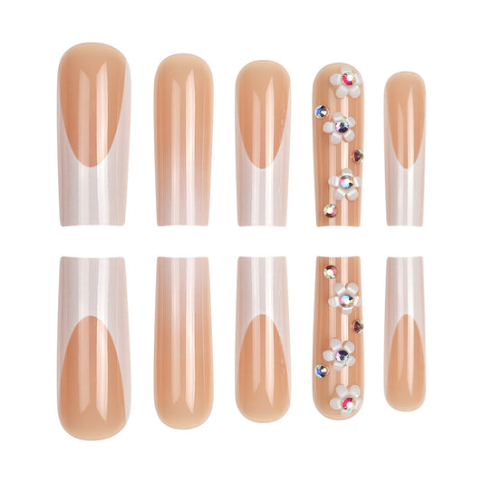 Enchanting Elegance Glossy Long Square Beige with Sparkling Floral Accents Press On Nail Set