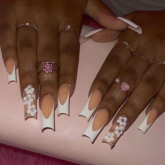 Floral Fantasy Long Square White and Beige Press on Nail Set with Elegant Flower Accents