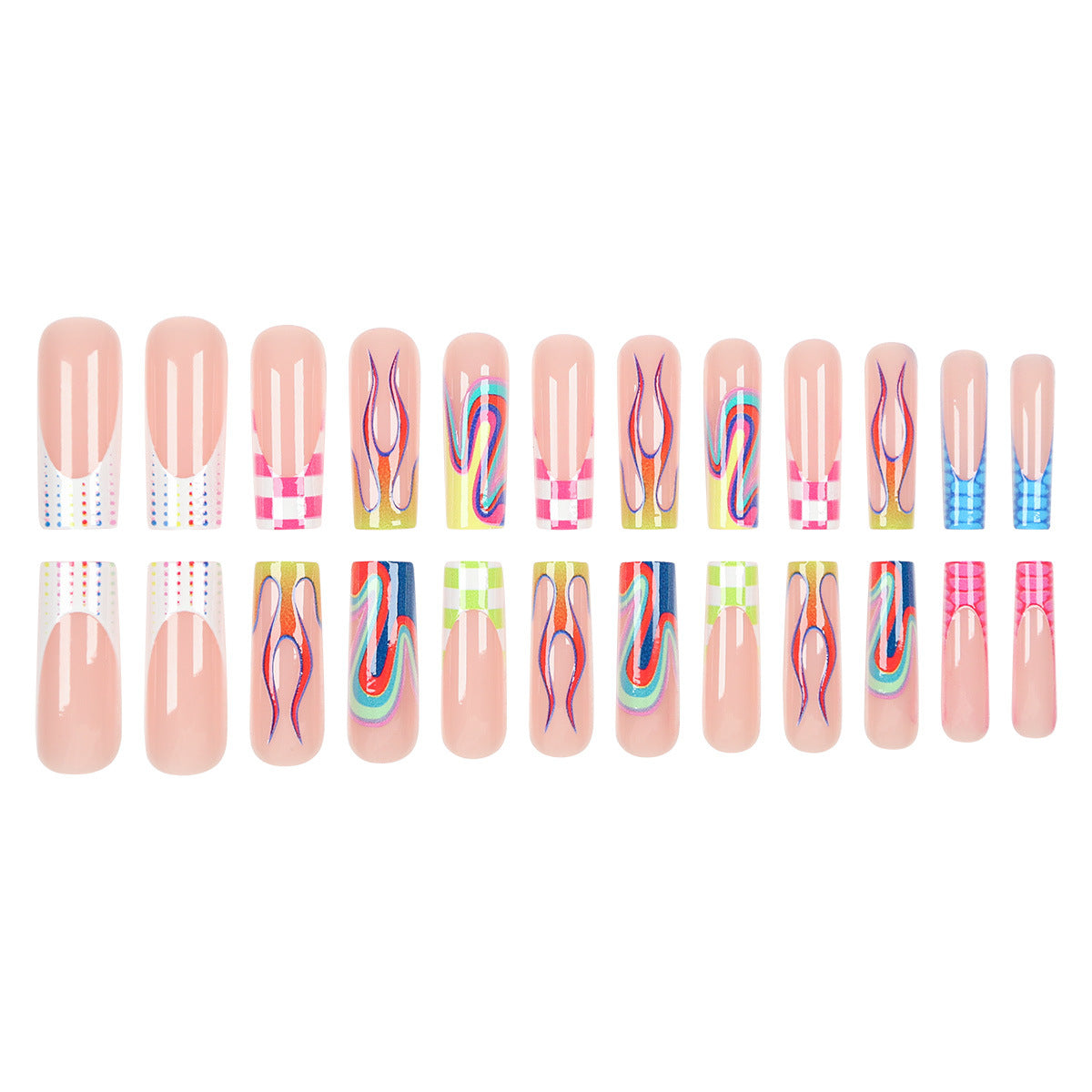 Vibrant Bohemian Glamour Long Square Pastel Pink with Abstract Swirl Designs Nail Set