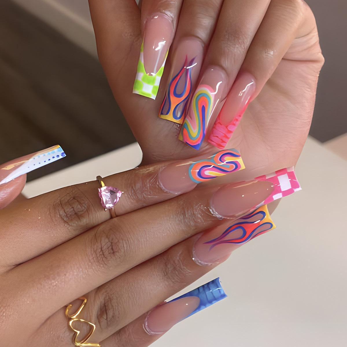 Vibrant Flames Long Square Colorful Gradient Press On Nail Set with Unique Artistic Designs