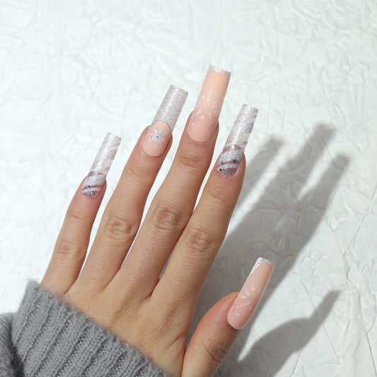 Winter Wonderland Long Square Pink and Silver Glitter Press On Nail Set with Unique Snowflake Design