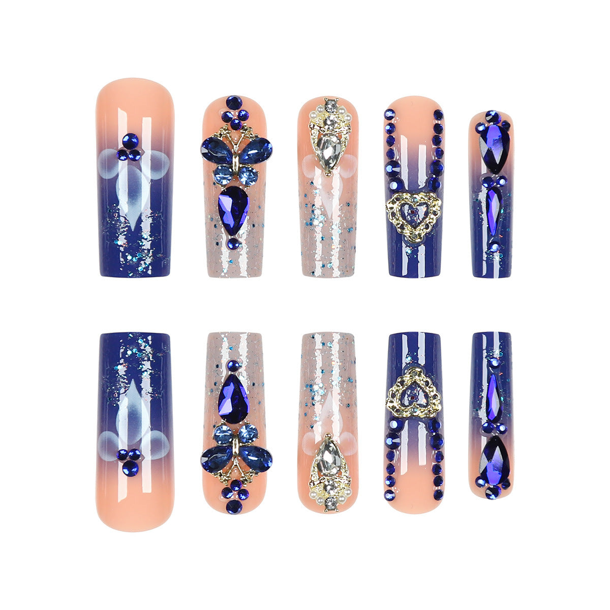 Elegant Blue Glimmer Extra Long Square Press On Nail Set with Glitter and Rhinestone Accents