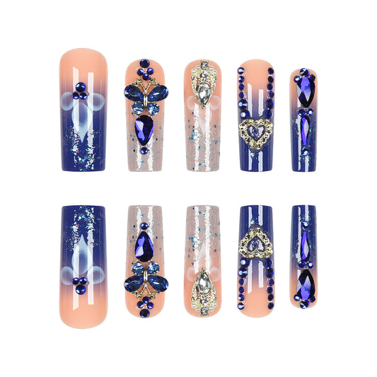 Elegant Blue Glimmer Extra Long Square Press On Nail Set with Glitter and Rhinestone Accents