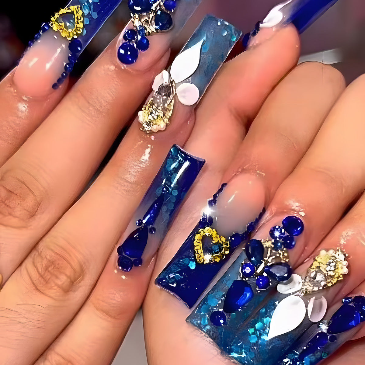 Celestial Blue Elegance Long Square Blue Press On Nail Set with Stunning Gemstone Accents