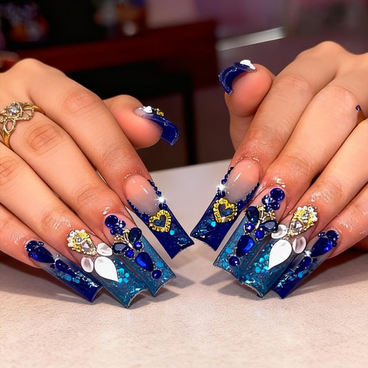 Enchanted Ocean Blue Extra Long Square Press On Nail Set with Sparkling Jewel Accents