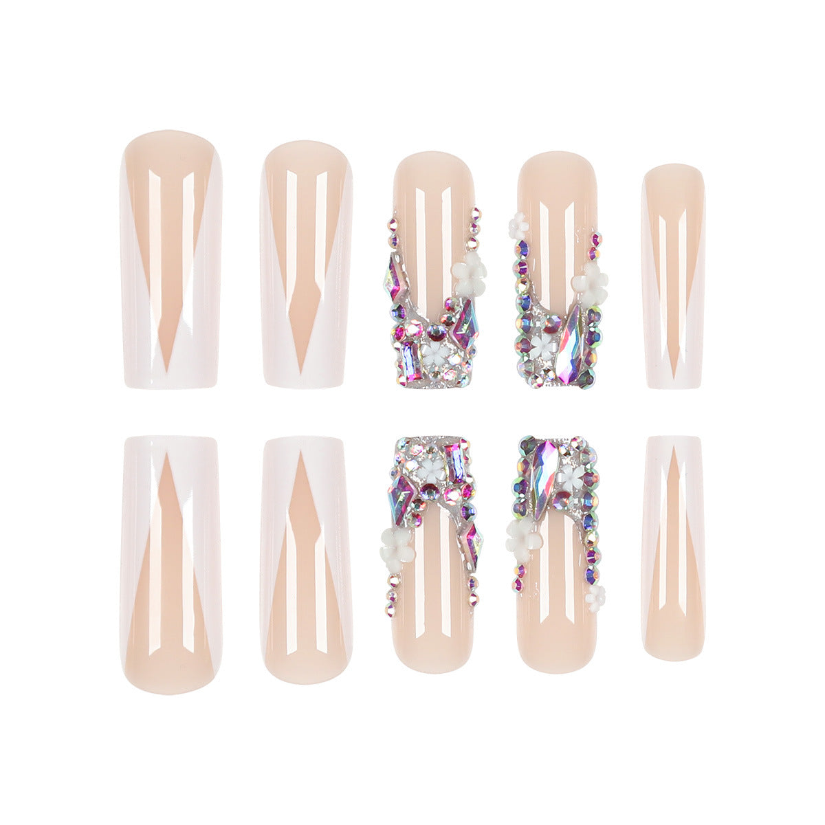 Glamorous Elegance Long Square Beige with Stunning Gem Accents Press on Nail Set