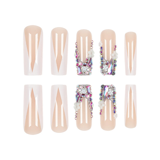 Glamorous Elegance Long Square Beige with Stunning Gem Accents Press on Nail Set