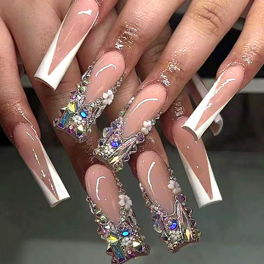 Glamorous Elegance Long Square Clear and White Floral Embellished Nail Set