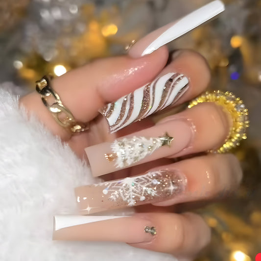 Festive Glamour Long Square White and Gold Glitter with Holiday Tree Design Press-On Nail Set