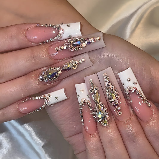 Glamorous Fairy Tale Long Square Shape Clear White with Sparkling Gemstone Embellishments Press On Nail Set