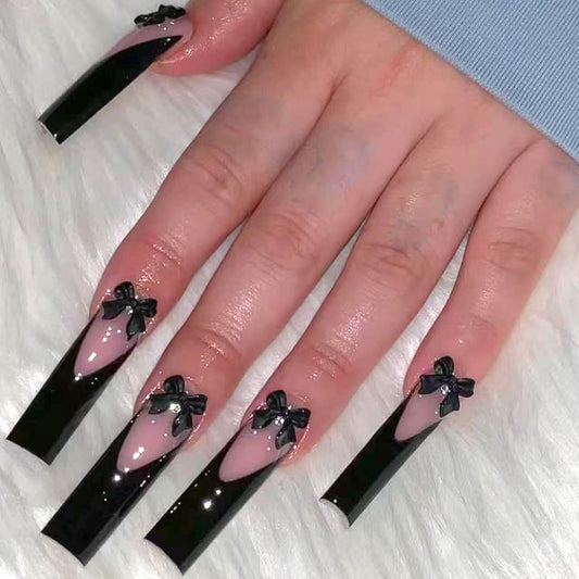 Elegant Enchantment Midnight Black Long Square Press on Nail Set with Glossy Finish and Charming Bow Accents