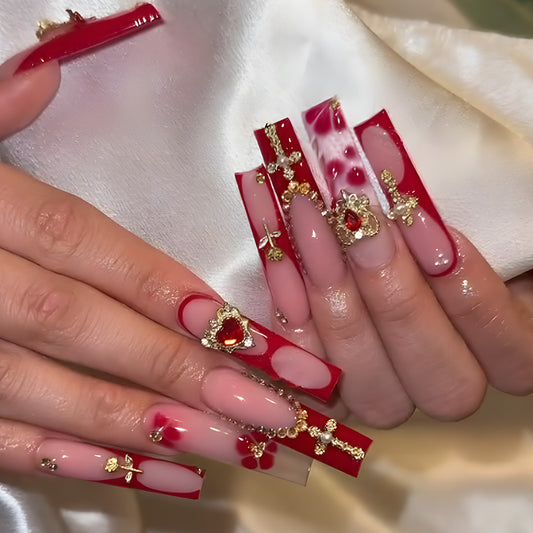 Romantic Elegance Long Square Red Press On Nail Set with Intricate Golden Gemstone Accents