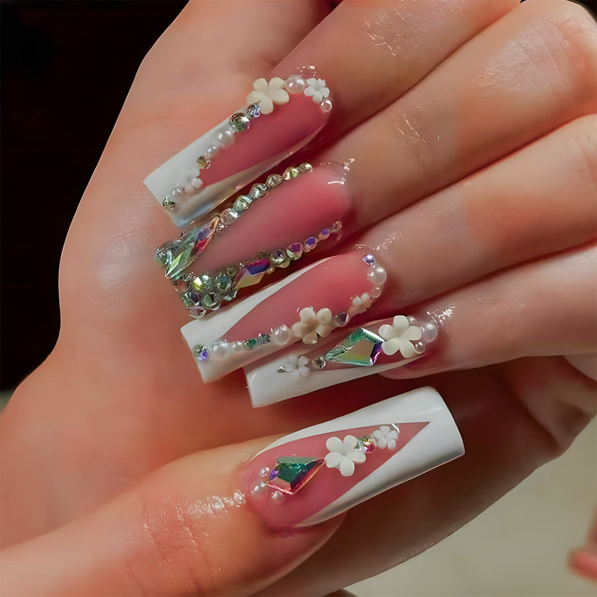 Whimsical Elegance Long Square White and Pink Press on Nail Set with Floral and Gemstone Accents