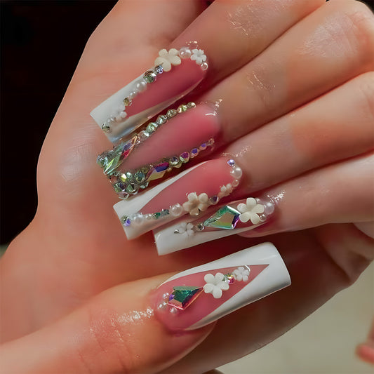Whimsical Elegance Long Square White and Pink Press on Nail Set with Floral and Gemstone Accents