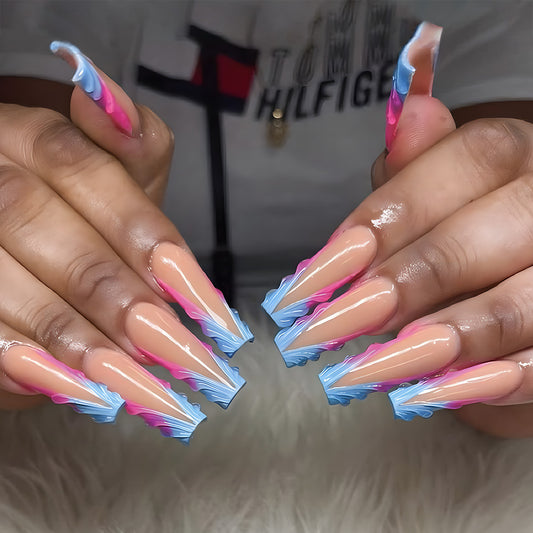 Dreamy Waves Long Coffin Press On Nail Set in Soft Peach with Striking Blue and Pink Ombre Finish