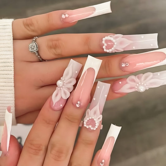 Whimsical Floral Elegance Long Square Pink with Pearl Accents Press On Nail Set