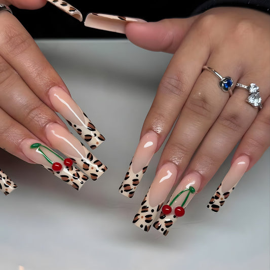 Chic Jungle Vibes Long Square Beige with Animal Print and Cherry Detailing Press On Nail Set