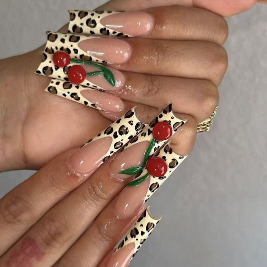 Chic Safari Long Square Shape Creamy Beige with Bold Red Cherry and Green Leaf Accent Press On Nail Set