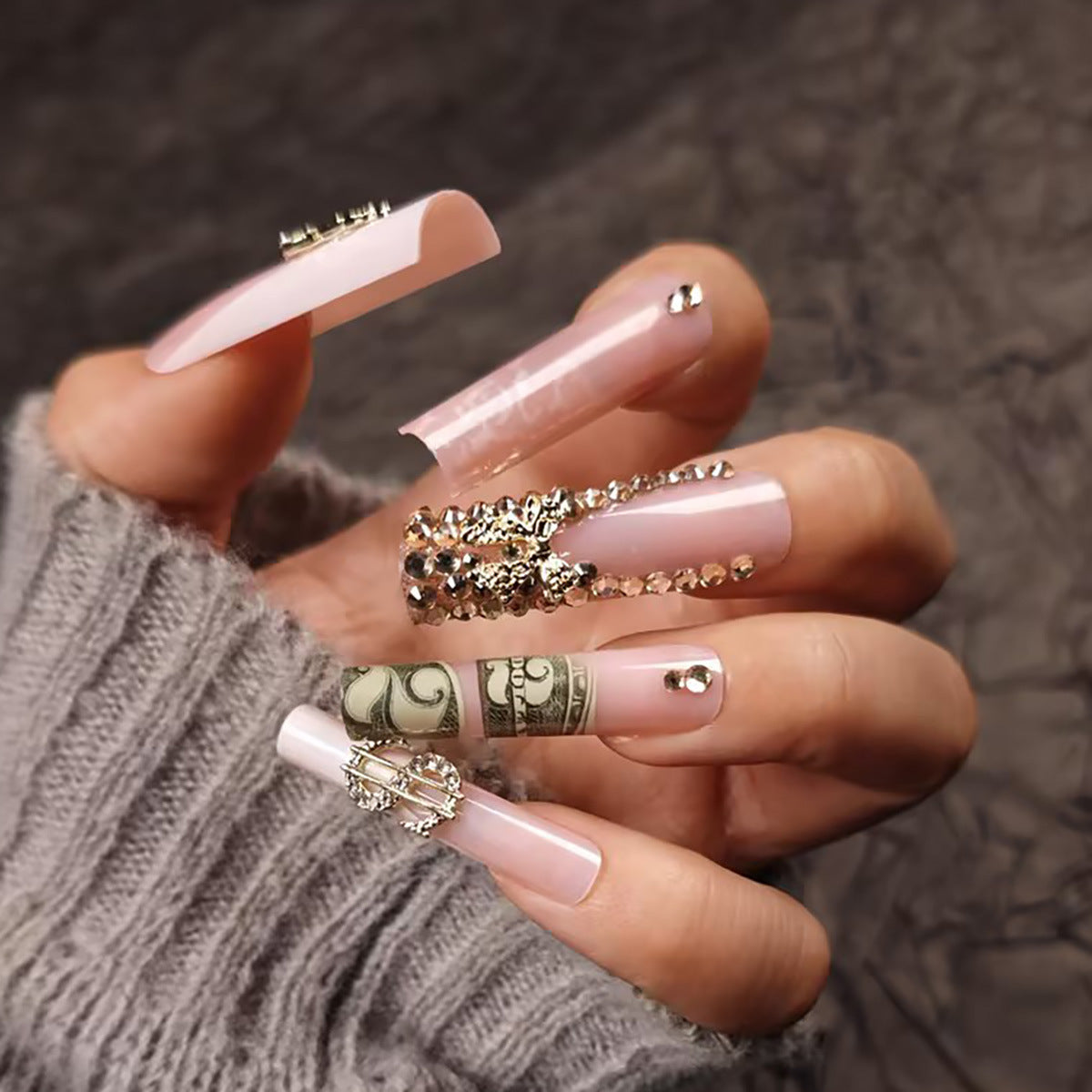 Glamorous Elegance Long Square Pink Press On Nail Set with Stunning Metallic Accents