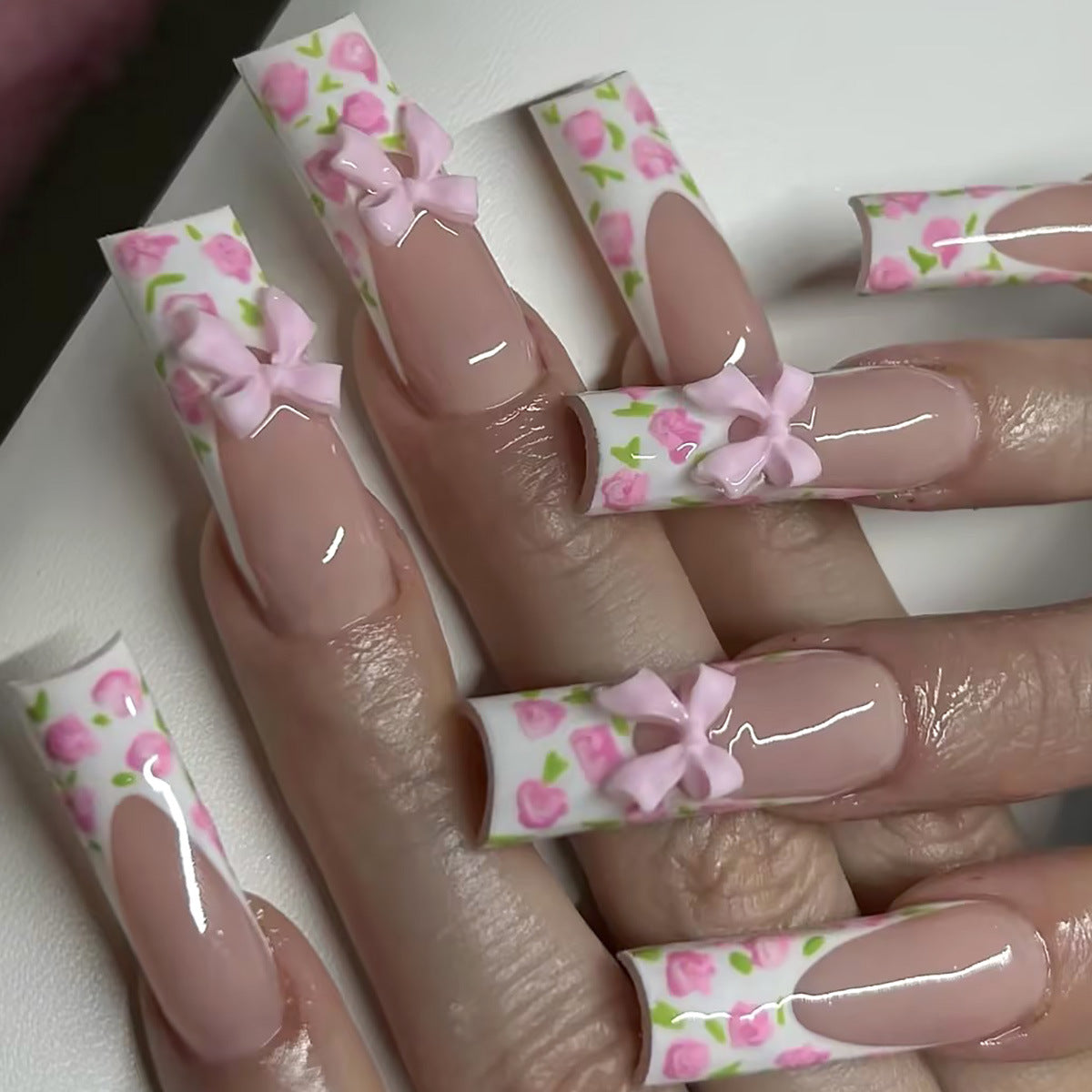 Blossom Dreams Long Square Pink Floral Press on Nail Set with Charming Bow Accents