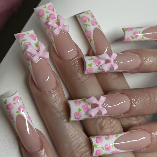 Blossom Dreams Long Square Pink Floral Press on Nail Set with Charming Bow Accents