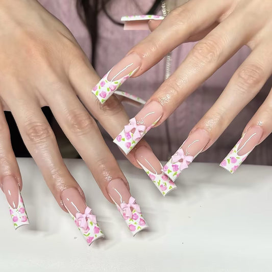 Floral Elegance Long Square Pink with Charming Bow Accents Press on Nail Set