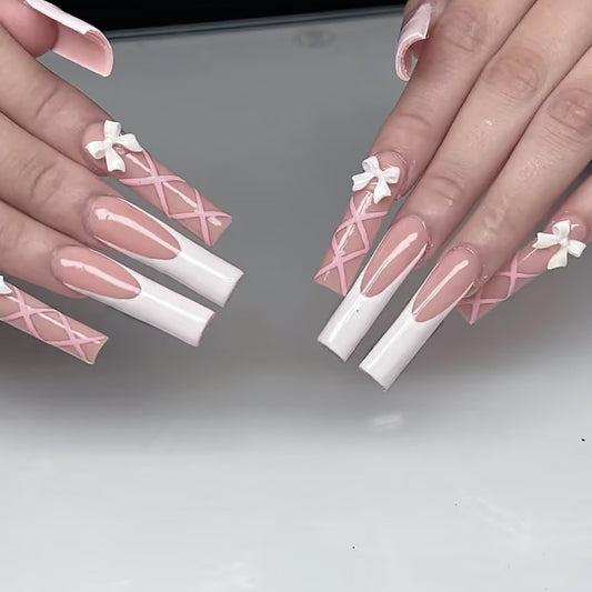 Delicate Dreamland Long Square Press On Nail Set in Soft Pink with Charming Floral Accent