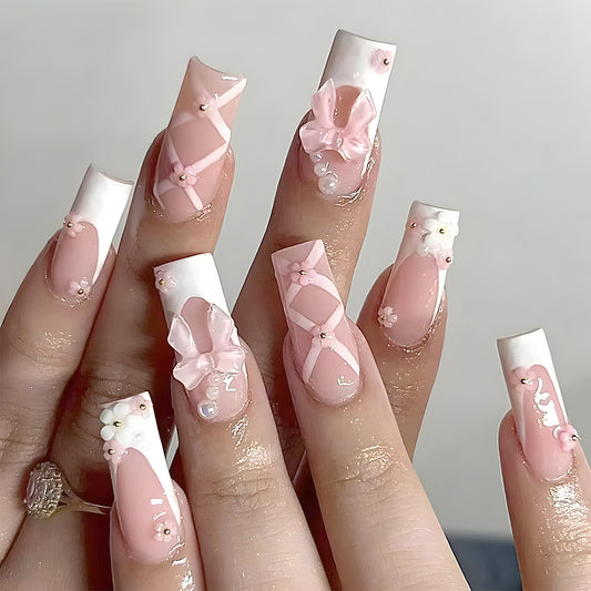 Whimsical Floral Elegance Long Square Pink Nails with Embellished Bows and Pearls