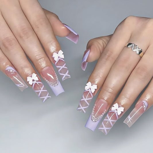 Charming Lace Infusion Long Square Lavender Press-On Nail Set with Elegant Bow and Pearl Accents