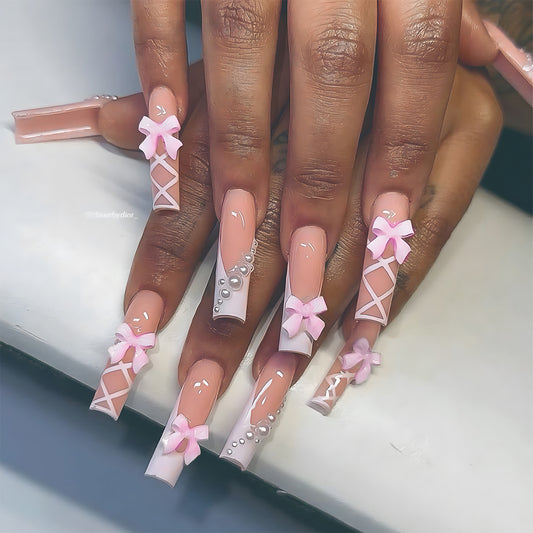 Chic Romance Long Square Glossy Pink with Adorned Bows and Pearls Nail Set