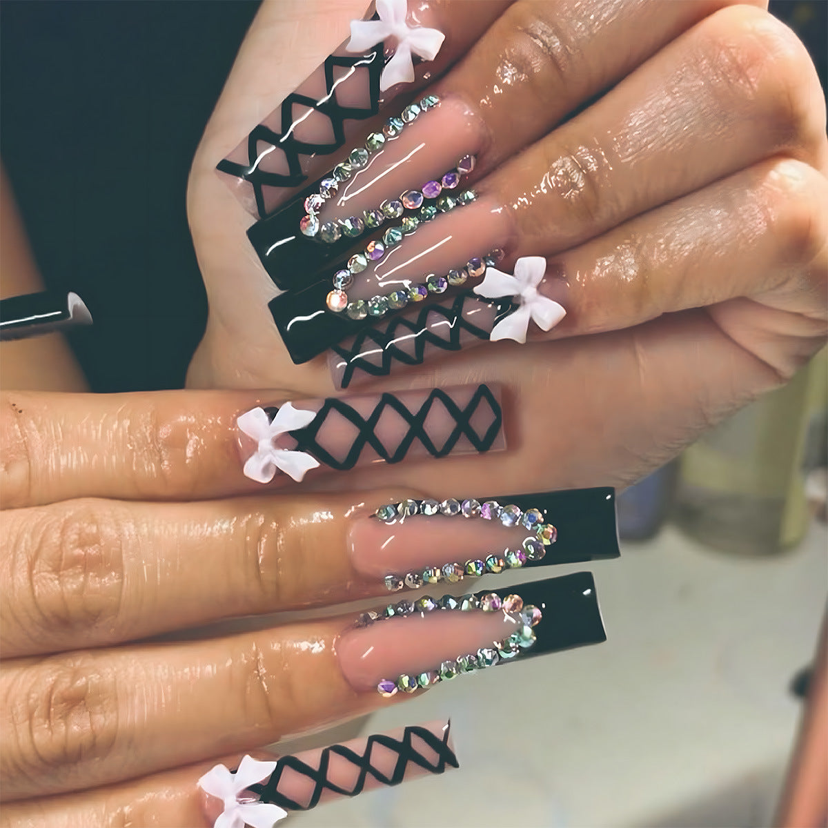 Glamorous Midnight Black Long Square Press On Nail Set with Rhinestone Accents and Bow Detailing