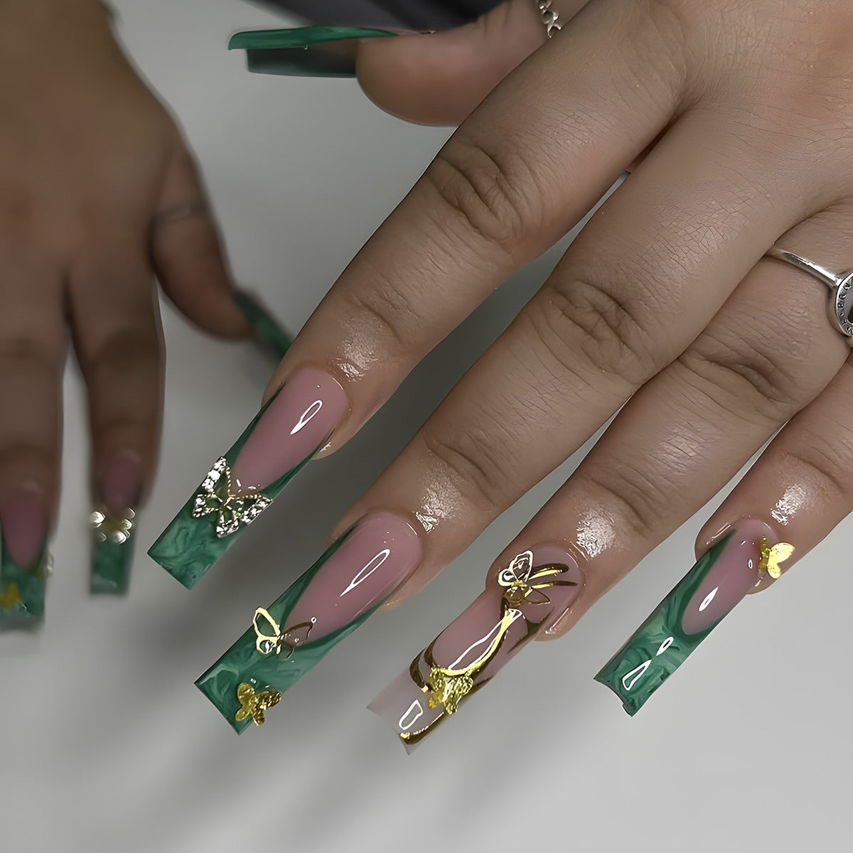 Whimsical Meadow Long Square Green with Butterfly Embellishments Press On Nail Set