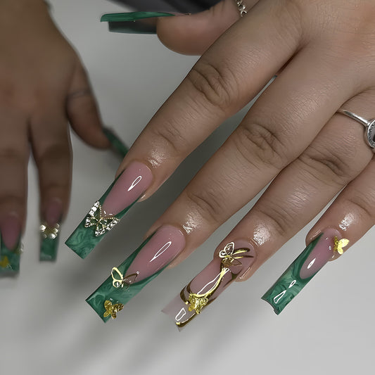 Whimsical Meadow Long Square Green with Butterfly Embellishments Press On Nail Set