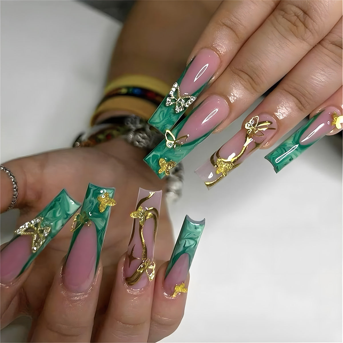 Enchanted Garden Long Square Emerald Green with Glittering Butterfly Accents Press on Nail Set