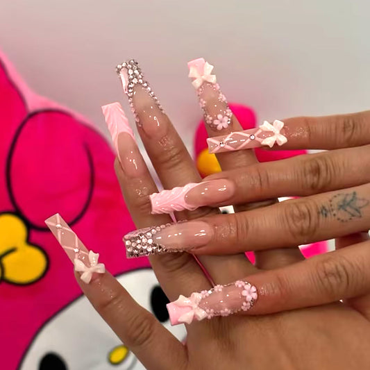 Charming Pastel Pink Long Coffin Press On Nail Set with Exquisite Floral and Gemstone Embellishments