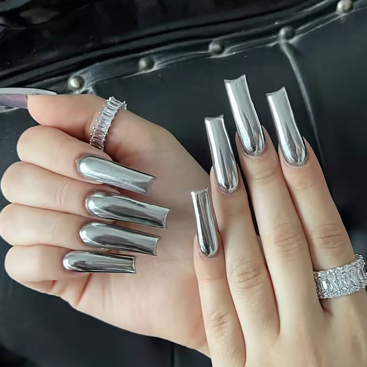 Glamorous Silver Long Square Press On Nail Set with High Shine Finish