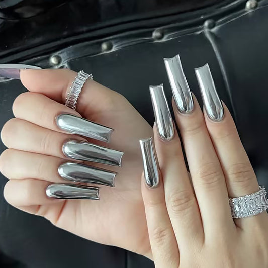 Glamorous Silver Long Square Press On Nail Set with High Shine Finish