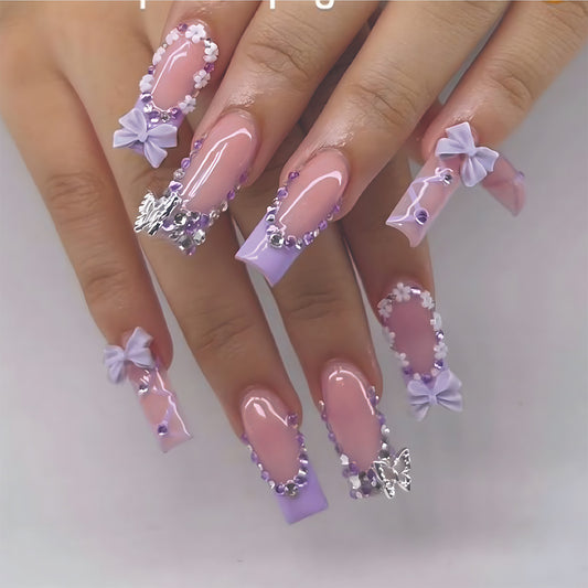 Whimsical Garden Long Square Lavender Press-On Nail Set with Charming Butterfly Accents