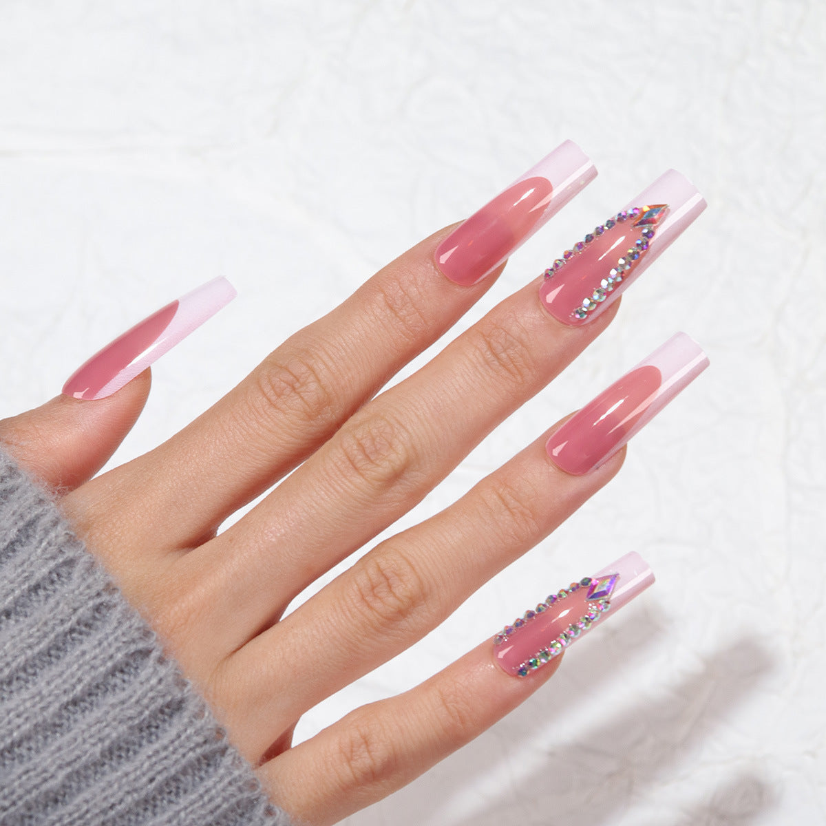 Glamorous Elegance Long Square Pink with Stunning Rhinestone Accent Press On Nail Set
