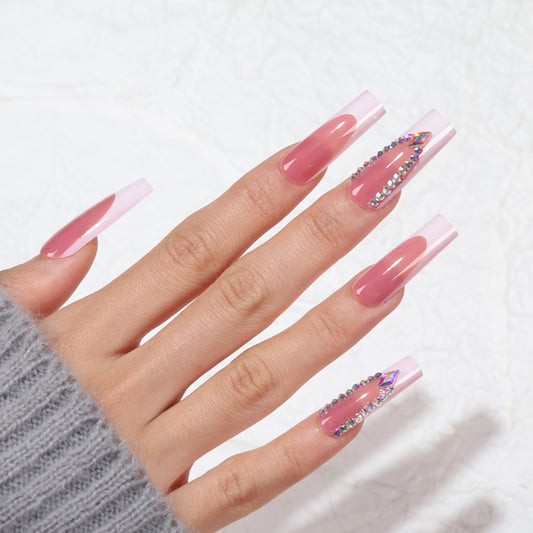 Glamorous Elegance Long Square Pink with Stunning Rhinestone Accent Press On Nail Set