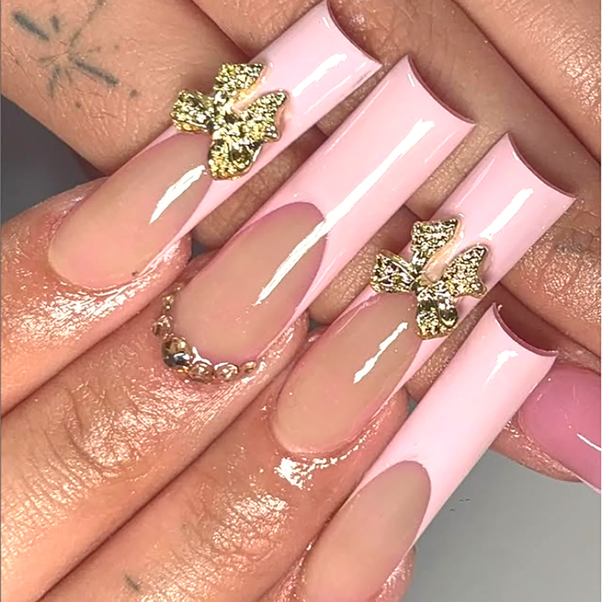 Blossoming Elegance Long Square Pink Nails with Gold Floral Accents
