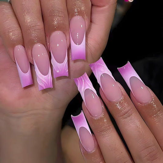 Charming Blossom Extra Long Square Pink Ombre Nail Set with Stunning Gradient Design