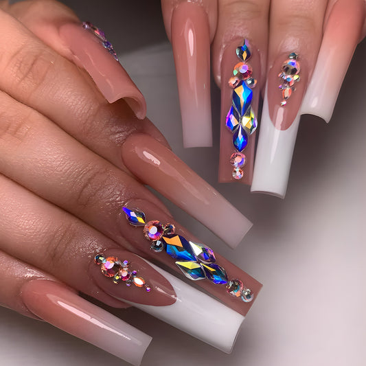 Glamorous Elegance Long Square Beige and White Press On Nail Set with Sparkling Rhinestone Accents