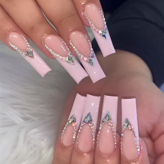 Glamorous Elegance Long Square Pink Press On Nail Set with Stunning Rhinestone Accents