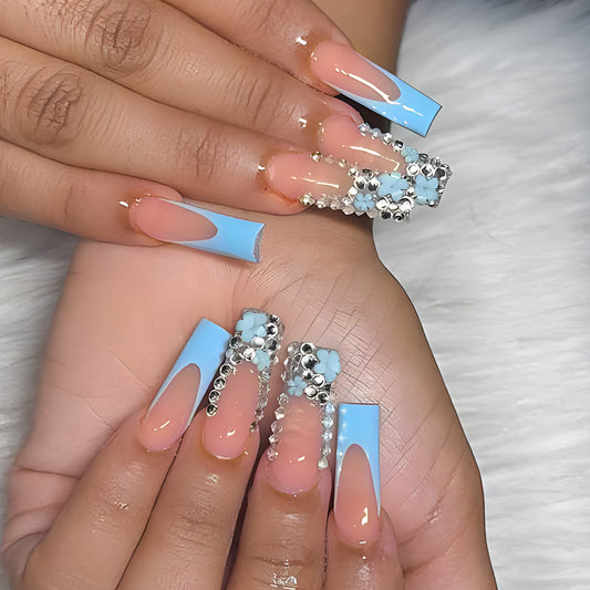Dreamy Ocean Vibes Extra Long Coffin Blue with Elegant Floral and Gem Accents Press On Nail Set