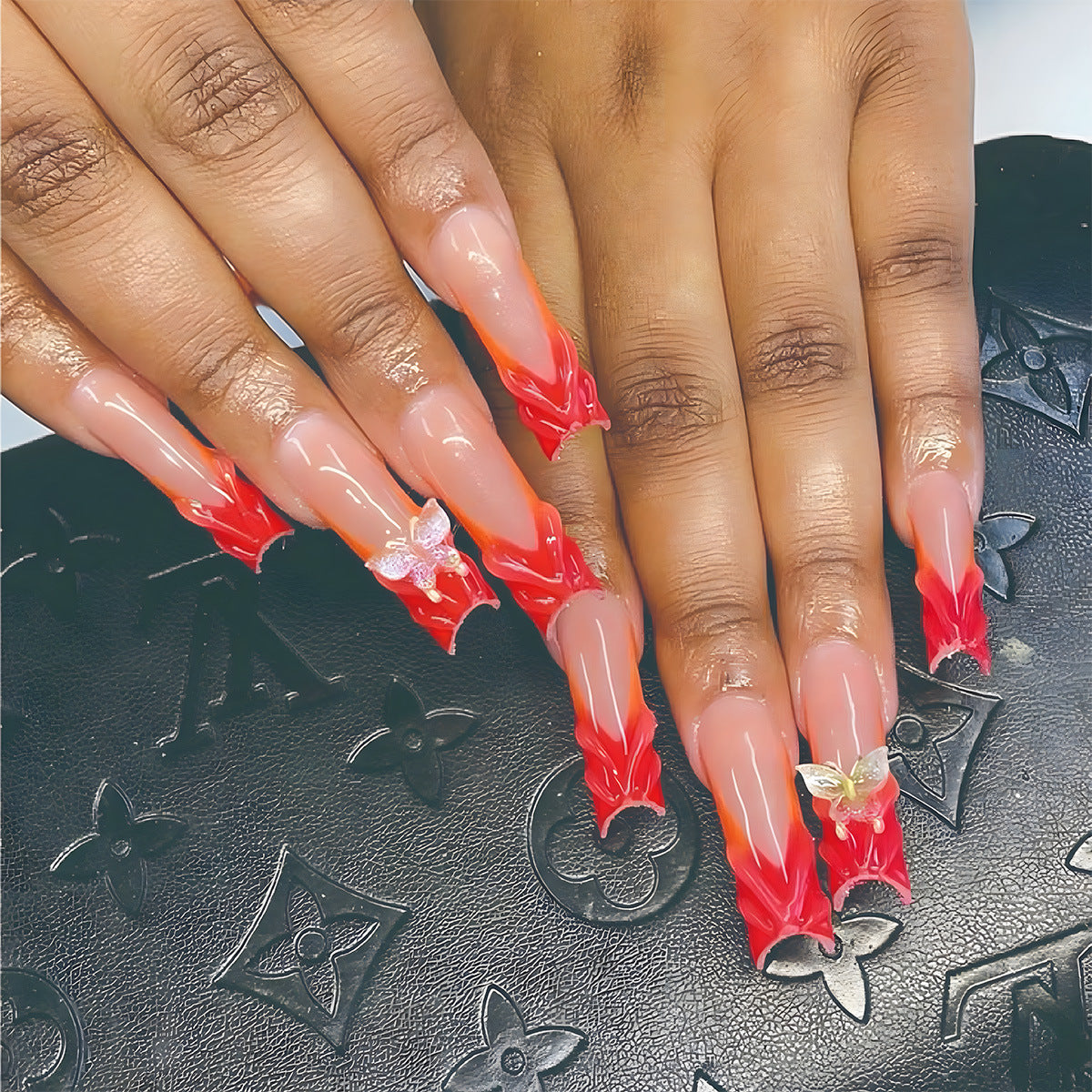 Fiery Elegance Long Square Shaped Red Ombre Press on Nail Set with Intricate Butterfly Accents