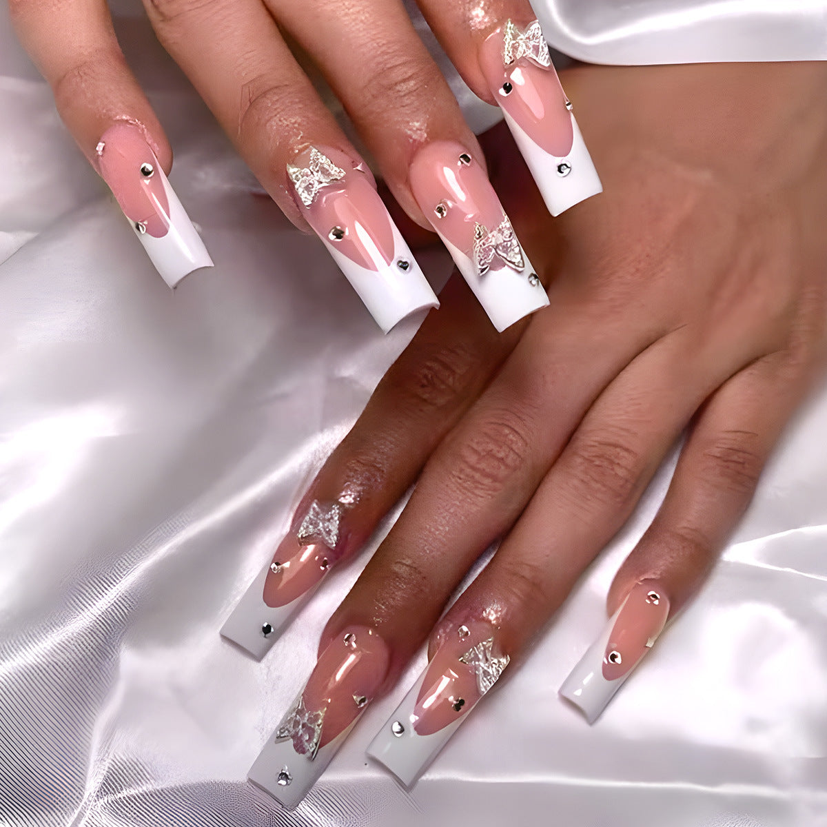 Butterfly Dream Long Square White and Pink Gradient Press-On Nail Set with Rhinestone Embellishments