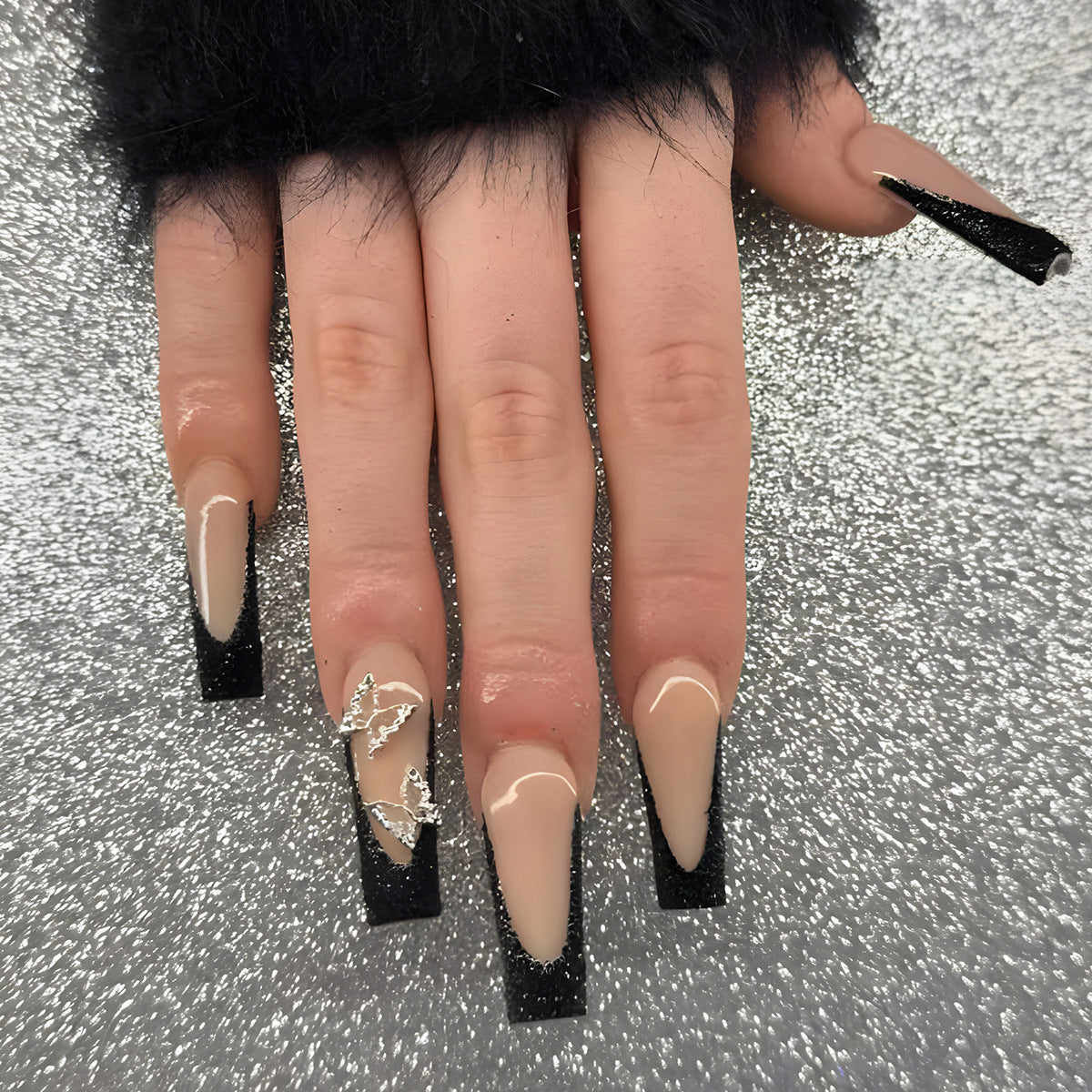 Glamorous Elegance Long Square Beige and Black Glitter Press On Nail Set with Intricate Butterfly Accents