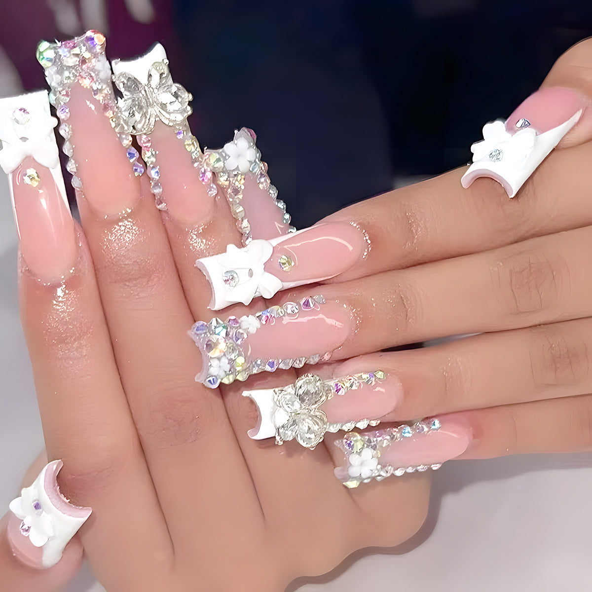 Celestial Dreams Long Square Pink and White Press On Nail Set with Sparkling Rhinestone Accents